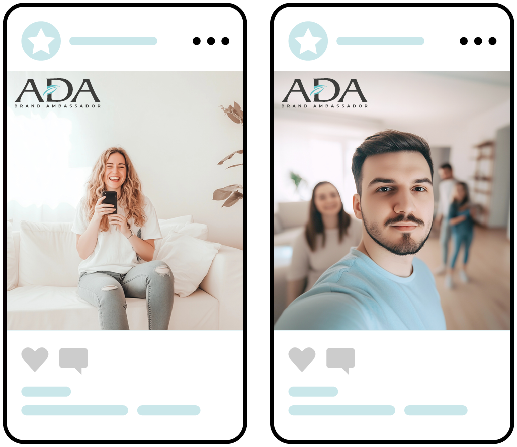 Due smartphone mostrano le immagini di due ADA Brand Ambassador, rappresentando il programma di affiliazione per influencer e commerciali ADA.