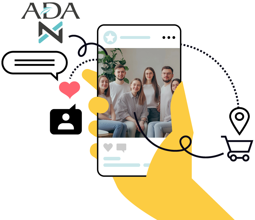 Uno smartphone mostra immagini di influencer con il logo ADA Infinity e le icone dei social media, rappresentando la connessione tra il programma ADA Brand Ambassador e il digital marketing.